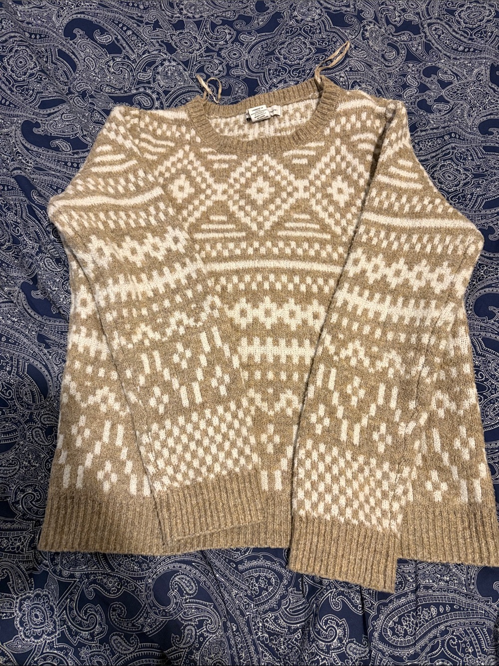 Cupcake and Cashmire Ladies Patterned Crewneck Sweater - Beige & White
